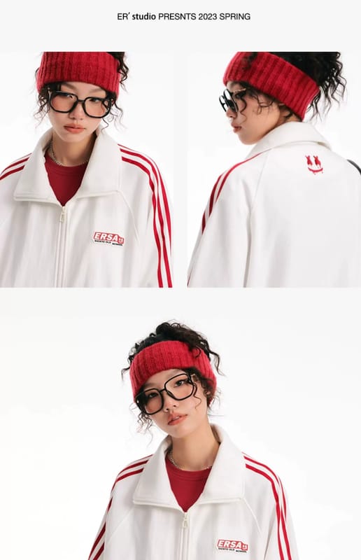 ER striped contrasting cardigan, New Year's red sweatshirt, sports suit, campus style sportswear jacket