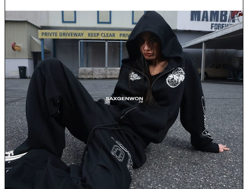 Heavy Industry Riveted Leather Embroidered Printed Hoodie Coat Pants Set