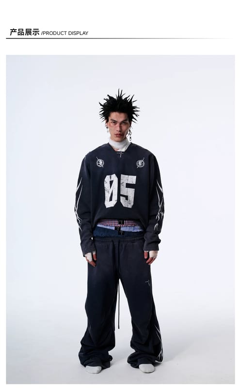 Washed spray printed knife cutting to make old short and wide jackets, loose pants, sweatpants, 430G autumn sweatshirt set