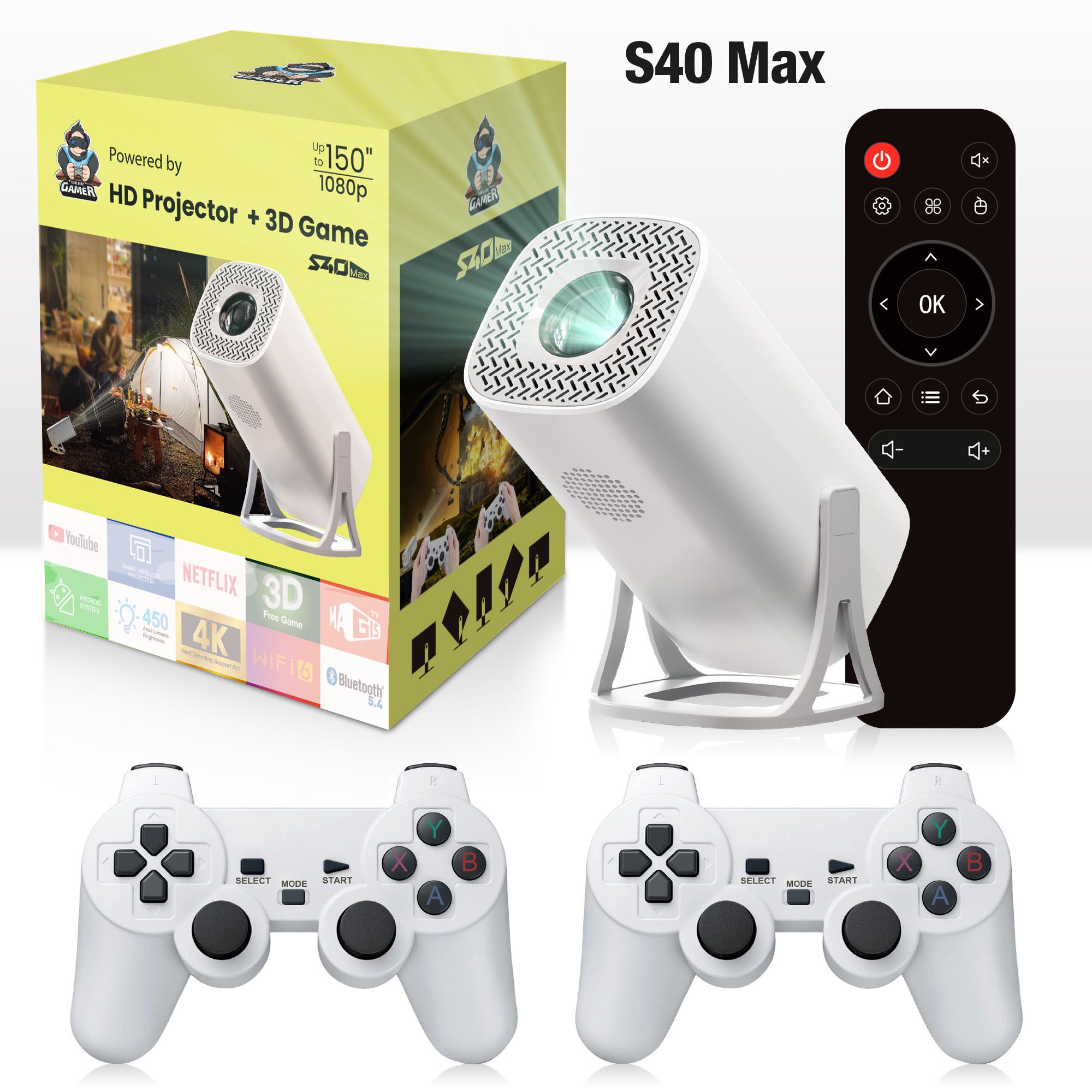 SYTA S40MAX Video Games Projector 150ansi Lumens Built-in 30000+ Games Mini Portable Android Gaming Projector