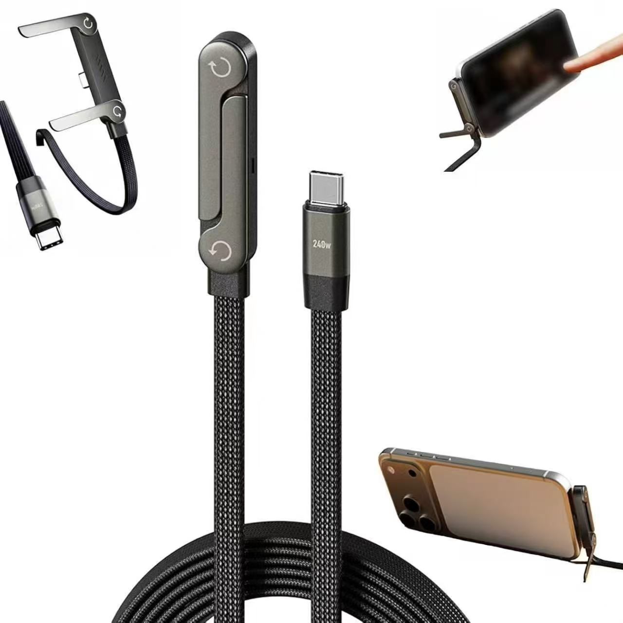 SYTA 2026 New Design 2-in-1 Invisible Holder Charger Cable with Stand 240W Fast Charging Data Cable with Built-in USB Game Cord