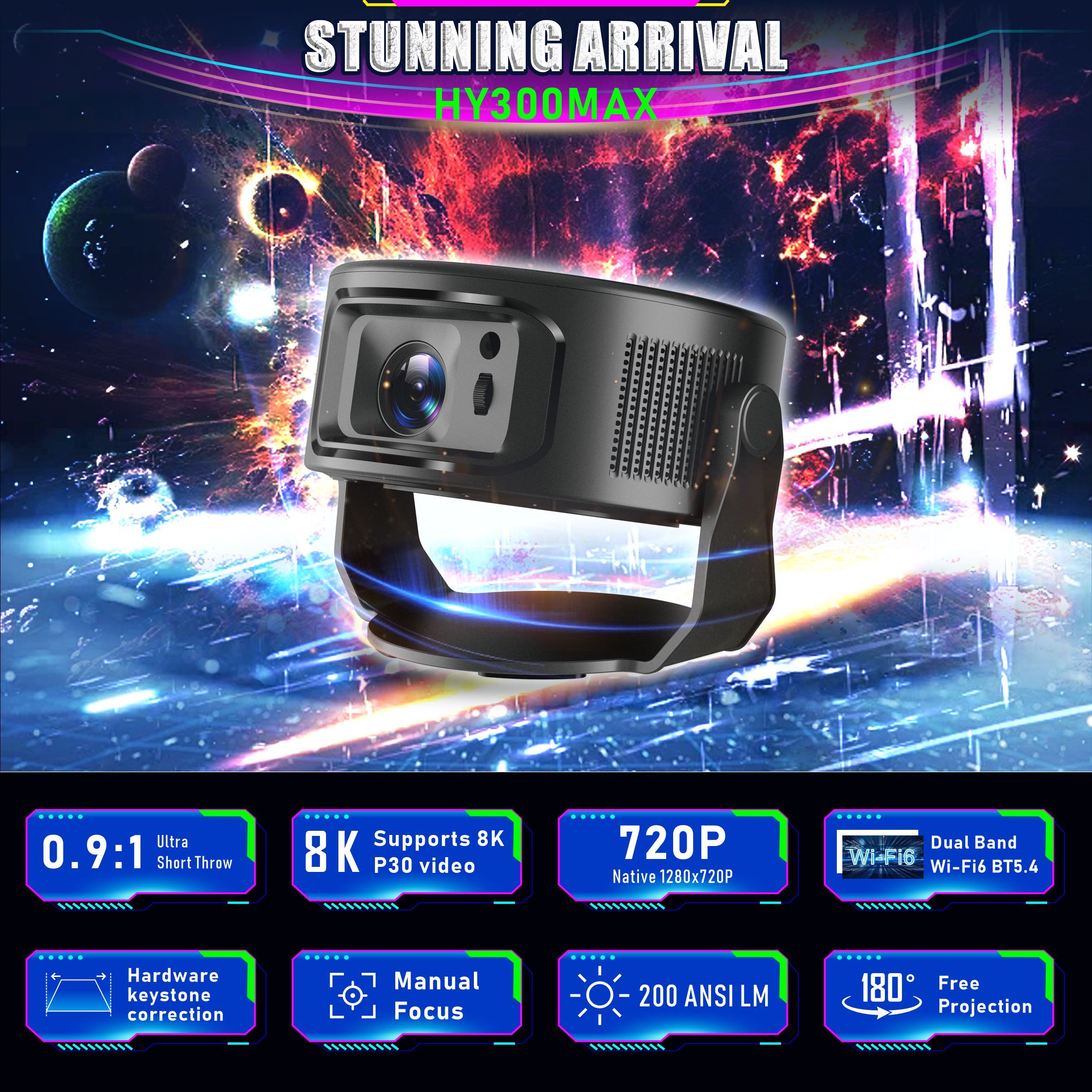 SYTA New Mini Portable Projector HY300MAX H726 Android 14 200Ansi Lumens Ultra Short Throw Projector for Home Theater