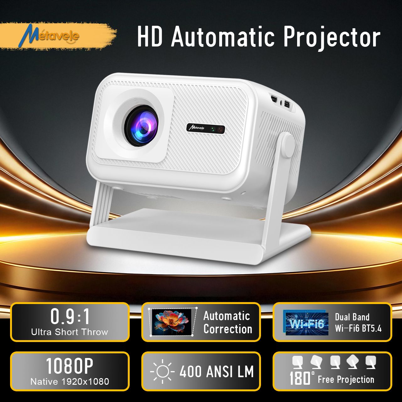 Metavele New Arrival SYX4 Mini Portable Projector 400ansi Lumens H723 Auto Focus Ultra Short Throw 1080p Projector