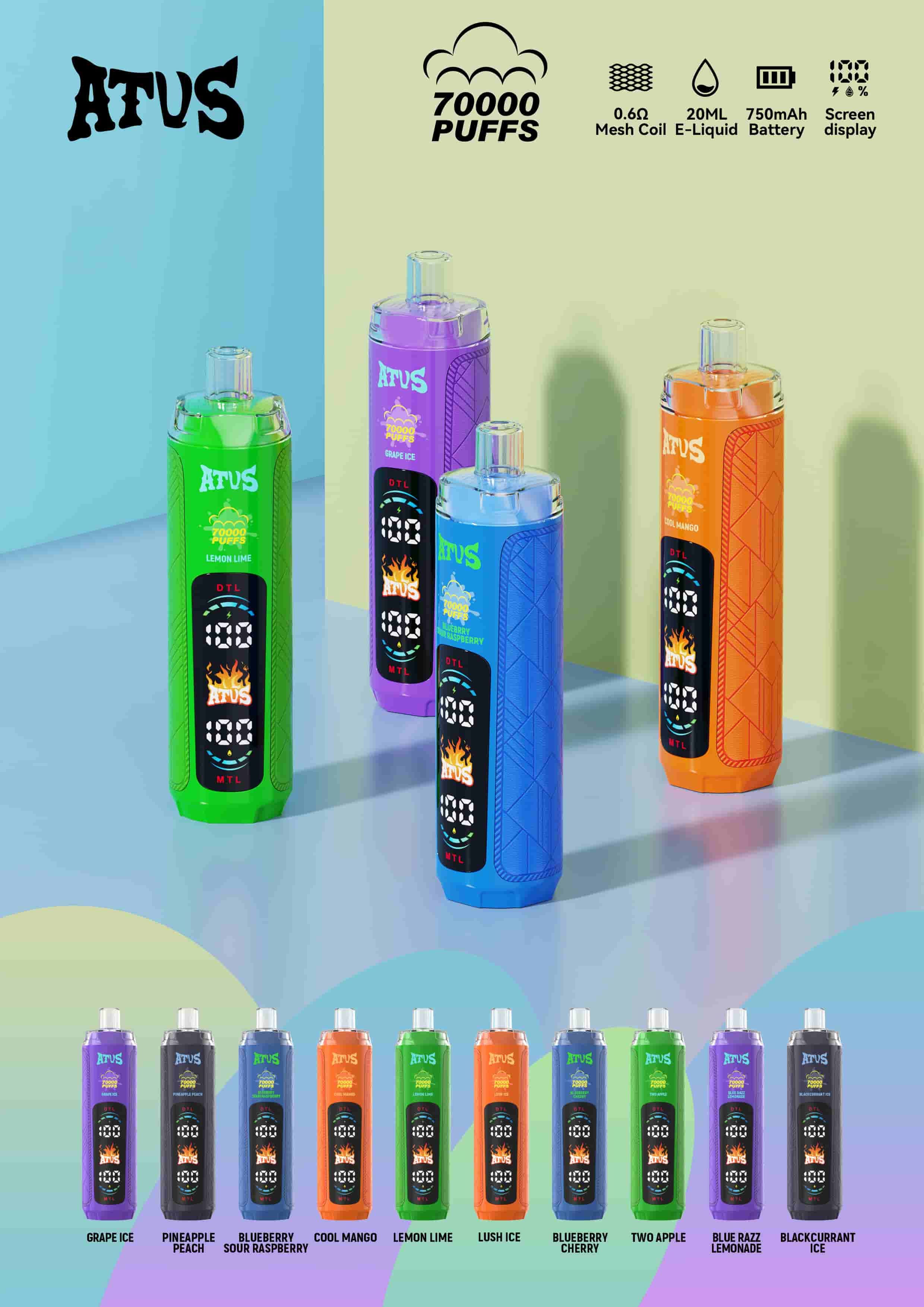 high puff disposable vape ATVS 70000 PUFFS FLAVORES:BAZZLE DAZZLE aurora vape shop Raz Purse Raspberry Watermelon