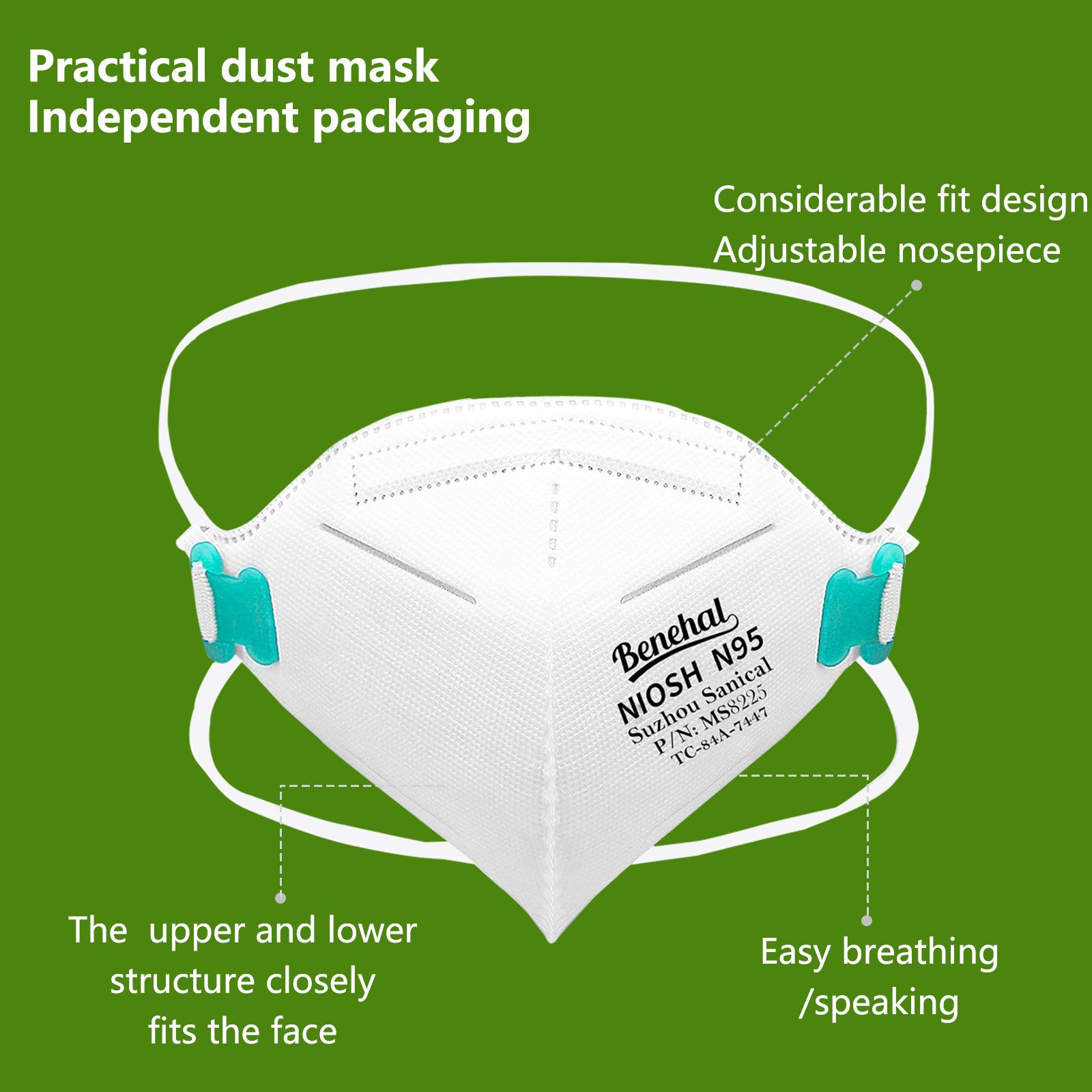 benehal N95 Mask Particulate Respirators, Pack of 20 N95 Face Masks, Individually Wrapped,White