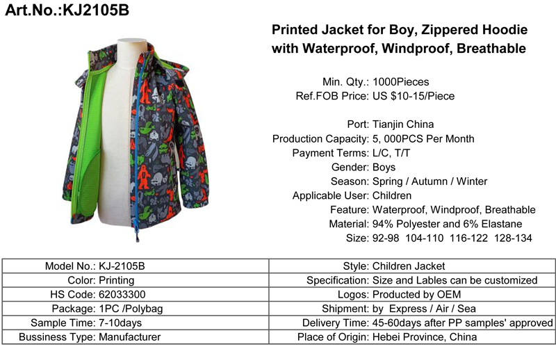 Printed Jacket for Boy, Zippered Hoodie