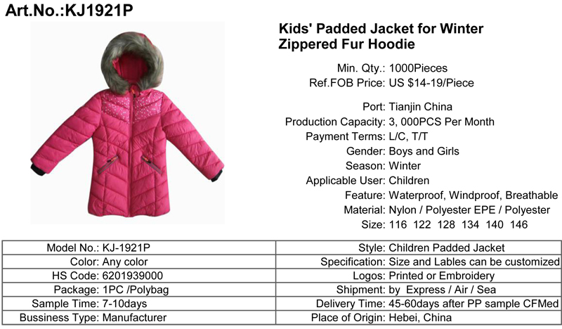 Kids' Padded Jacket for Winter Zippered Fur Hoodie