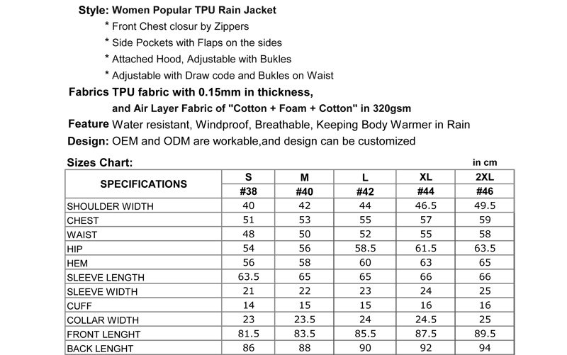 TPU Rain Jacket for Women with Breathable and Keeping Body Warmer