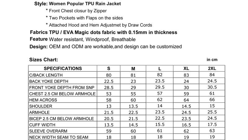 Women Popular TPU Rain Jacket with Breathable and Waterproof