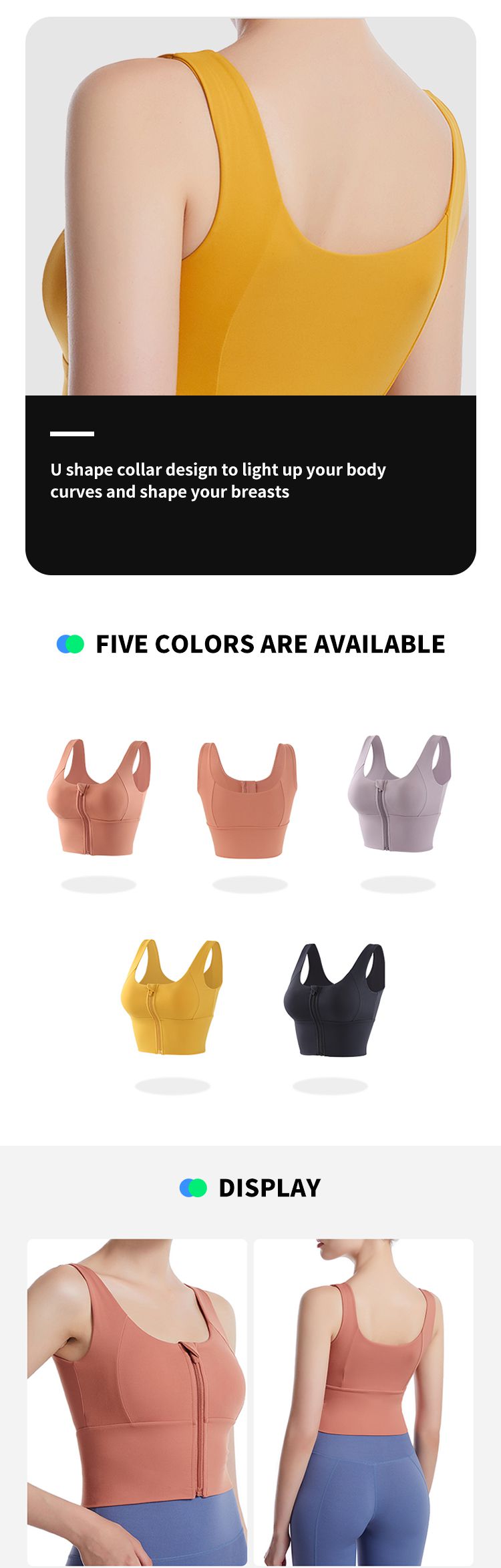 Brushed Sports Bras with Zip Front