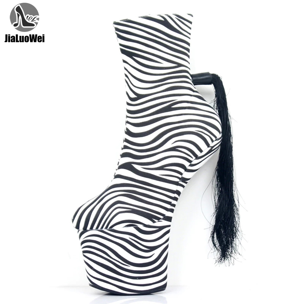 jialuowei Brand Designer Sexy Fetish Zebra Print 20CM Extreme High Heel Platform Women Fashion Charming Ankle Boots Size 36-46