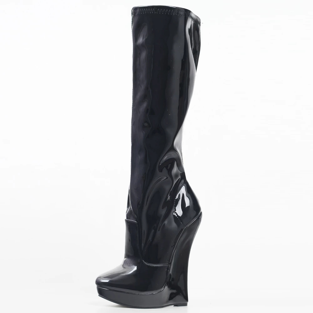 jialuowei 18cm Extreme High Heel Wedge heel 3cm Platform Pointed Toe Women PU Leather Side Zipper Sexy Fetish Knee-High Boots