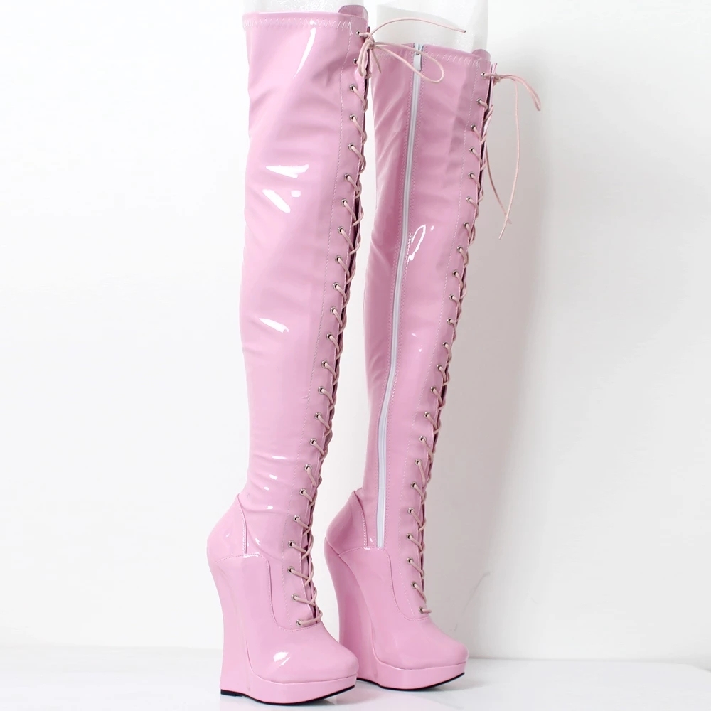 18CM Extreme High Wedge Heel Crotch Boots Patent Leather Lace-up Fashion Sexy Platform Zip Thigh High Ballet Boots