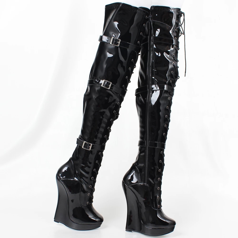 jialuowei Ballet Boots Lace-up 18CM Wedge High Heel Buckle Strap Pu Leather Fashion Sexy Fetish Over-The-Knee Long boots