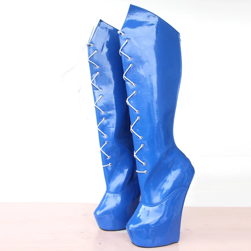 Jialuowei Knee-High Extreme 20CM High Heels Stange Stlye Heel Heelless Boots Back Zip Lace-up Sexy Fetish Pony Platform Boots