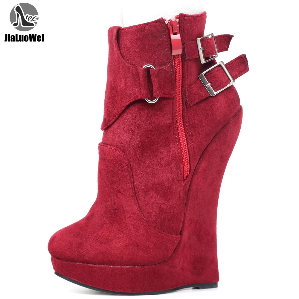 jialuowei High Heel Boots Women 7 inch Extreme High Heel Platform Sexy Fetish Wedge Heeled Buckle Straps Ankle Boots Size 36-46