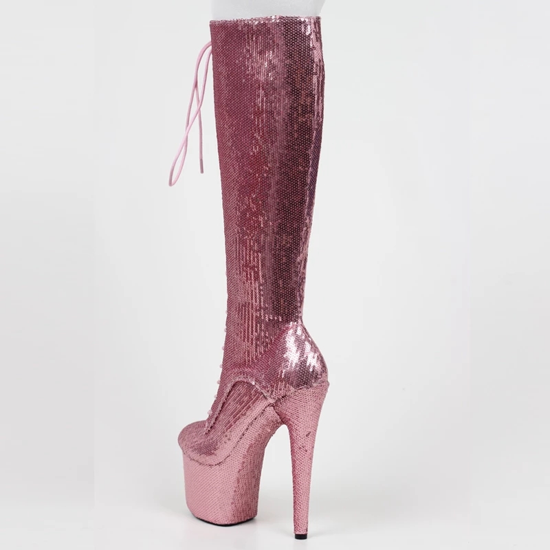 JIALUOWEI Womens High Heel Platform Knee High Boots Pink Sequins Sexy Party Pole Dancing Heels Size 35-43
