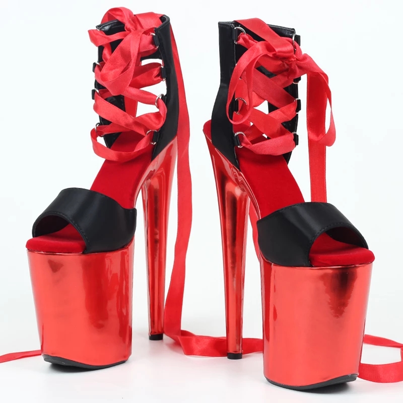 Jialuowei 20cm high heel Black/red Faux Stripper Exotic Dance High Heels Lace-Up Sandals