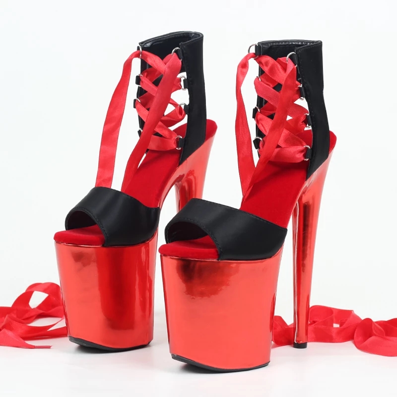 Jialuowei 20cm high heel Black/red Faux Stripper Exotic Dance High Heels Lace-Up Sandals