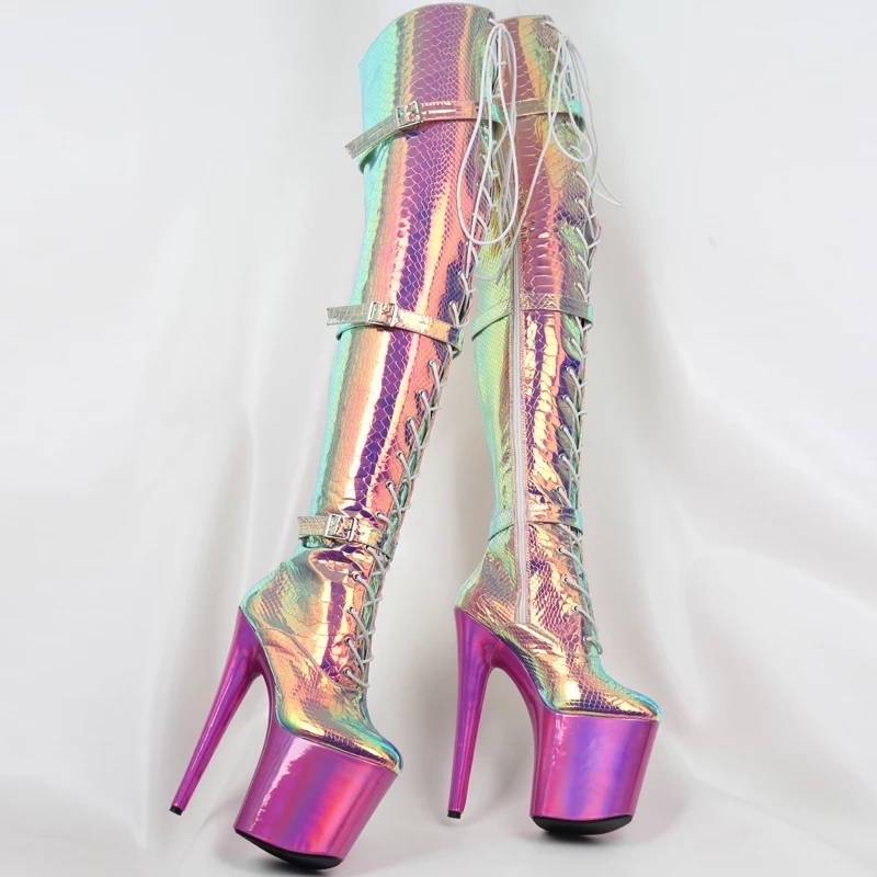 JIALUOWEI 20cm heel Snake Print HologramLace Up Thigh High Pole Dance Platform Faishion boots