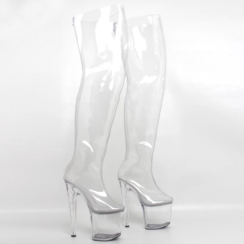 Women 20cm Extreme High Heels +9CM Platform Clear PVC Over-Knee High Boots Sexy Fetish Zip Fashion Show Transparent Crotch Boots