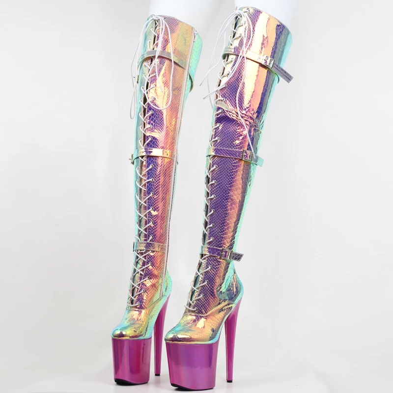 JIALUOWEI 20cm heel Snake Print HologramLace Up Thigh High Pole Dance Platform Faishion boots