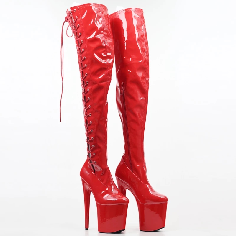 JIALUOWEI 20CM High Heel Thigh High Boots Red Patent Pole Dance Clubwear Platform with lace zip