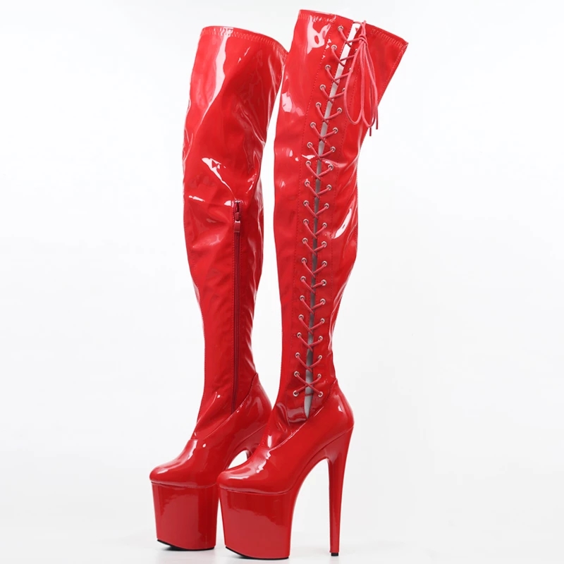 JIALUOWEI 20CM High Heel Thigh High Boots Red Patent Pole Dance Clubwear Platform with lace zip