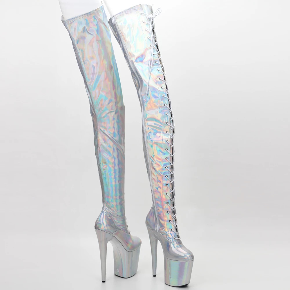 JIALUOWEI 8 inch 20cm Closed Toe Classic Lace Up Holographic Pole Dance Platform Thigh High Boots