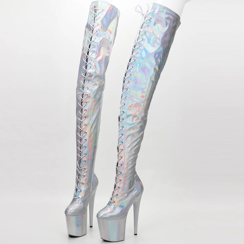 JIALUOWEI 8 inch 20cm Closed Toe Classic Lace Up Holographic Pole Dance Platform Thigh High Boots