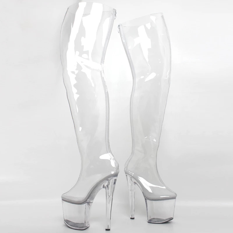 Women 20cm Extreme High Heels +9CM Platform Clear PVC Over-Knee High Boots Sexy Fetish Zip Fashion Show Transparent Crotch Boots