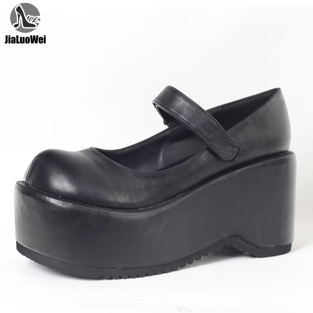 JIALUOWEI 3.5inch Womens Fashion Round Toe Strap Platform Chunky Heel Mary Jane Platform Gothic Wedge Shoes