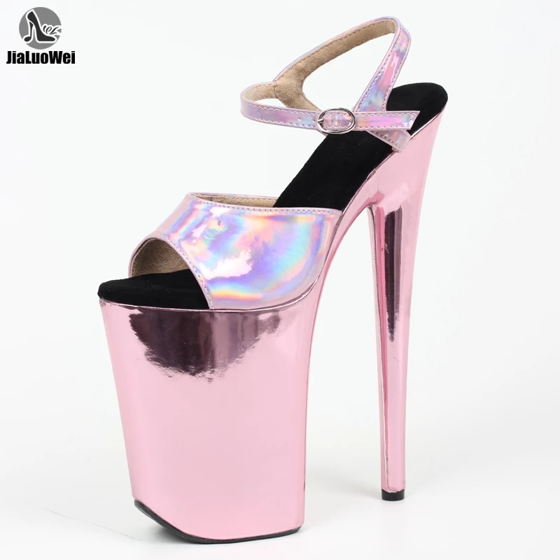 jialuowei 9 inch heel Pink Gold Chrome Ankle Strap Sandals Platform Pole Dancing Sexy High Heels Shoes