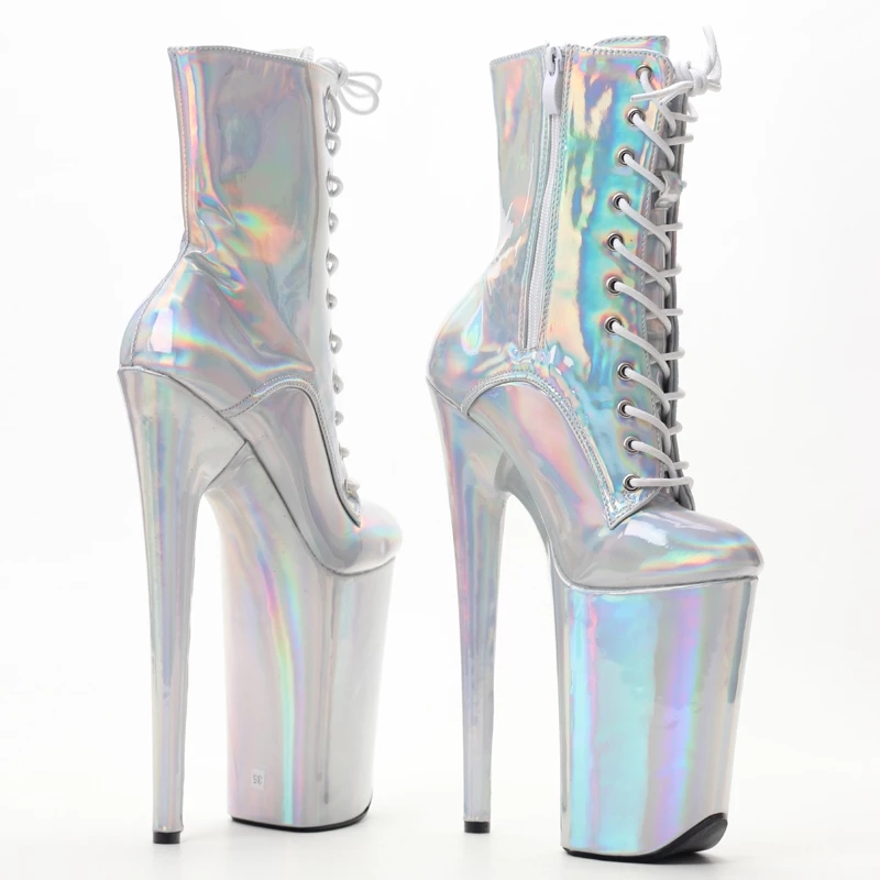 Jialuowei 23cm high heel Closed Toe Classic Lace Up Holographic Pole Dance Platform Ankle Boot size5-9