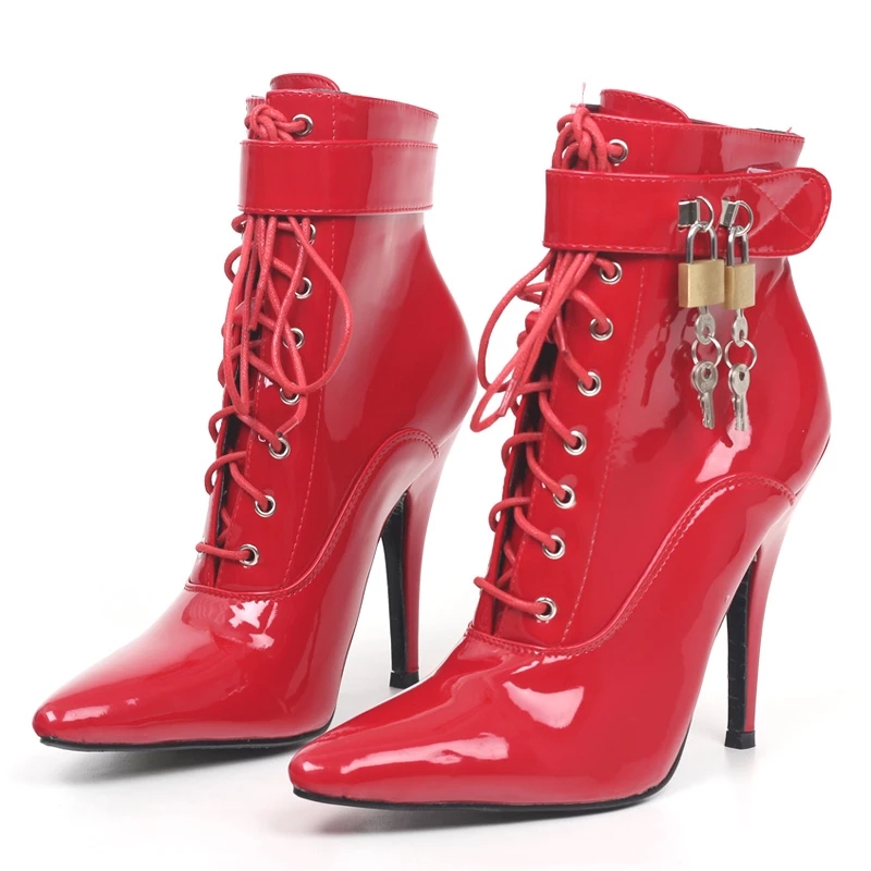 JIALUOWEI New Women 12cm High heel sexy Fetish Cross-tied Pointed Toe Stiletto Buckle ankle Strap Boots with padlocks DWT TV CD