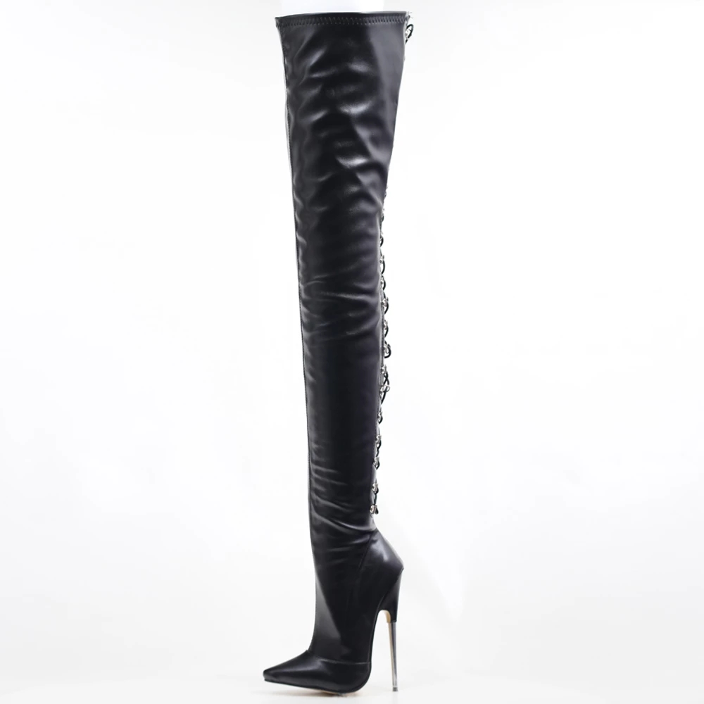 jialuowei Women Boots Sexy 18cm High Heels Metal Thin Heels Woman Pointed toe Cross tied Over Knee Thigh High Dancing Party Boots