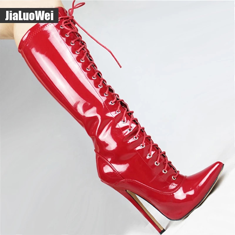 Fashion patent leather boots female spring autumn pointed toe Knee-High boots women 18cmhigh-heels Boots sexy thin heels lace up