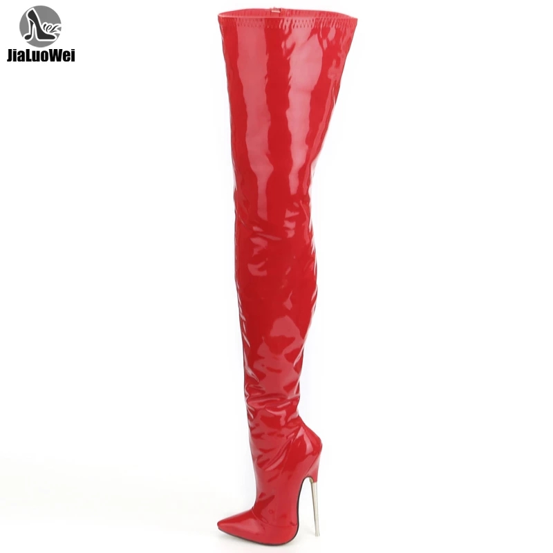 jialuowei Crotch Boots with Stiletto Heels Women Winter Boots Patent Leather Black Stretch Thigh High Boots Plus Size