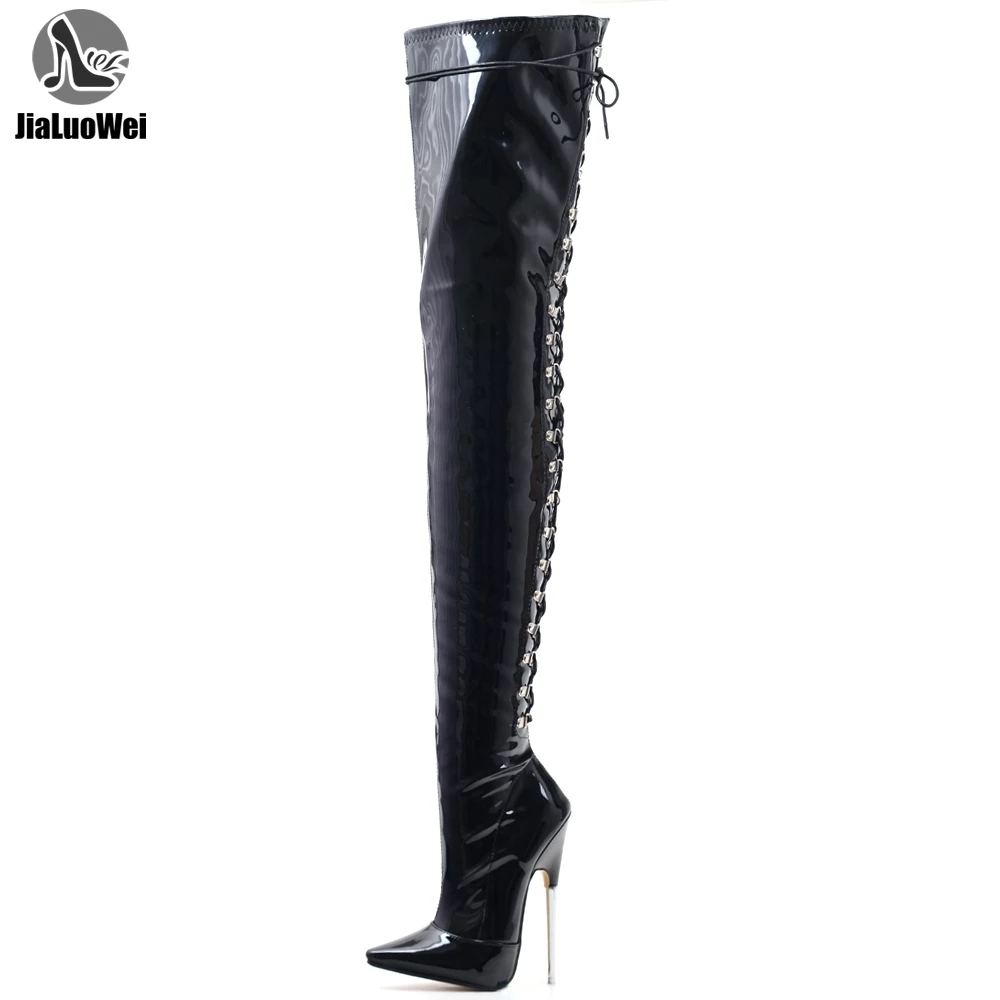 jialuowei Women Boots Sexy 18cm High Heels Metal Thin Heels Woman Pointed toe Cross tied Over Knee Thigh High Dancing Party Boots