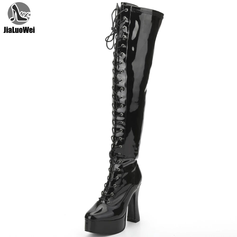JIALUOWEI Steampunk 12CM High Heel Platform Sexy Lace Up Over Knee Thigh High Boots Stretch