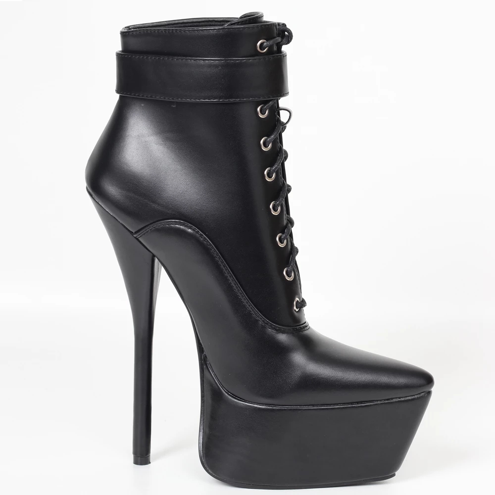 JIALUOWEI New Style Women's Black Patent High Heels Lace-Up Platform Ankle Boots