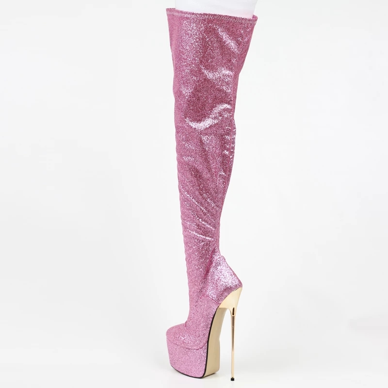 22cm 8 inch womens ladies pink glitter sexy thigh high fetish platform stiletto heel full zip boots size 36-46