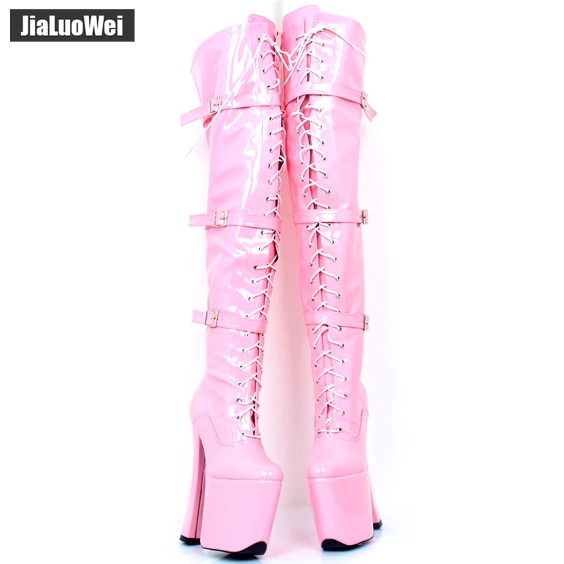 jialuowei 20CM chunky heel lace up platform boots Womens 20cm Heel Pole Dancing Shoes Over Knee Thigh High Leg Boots