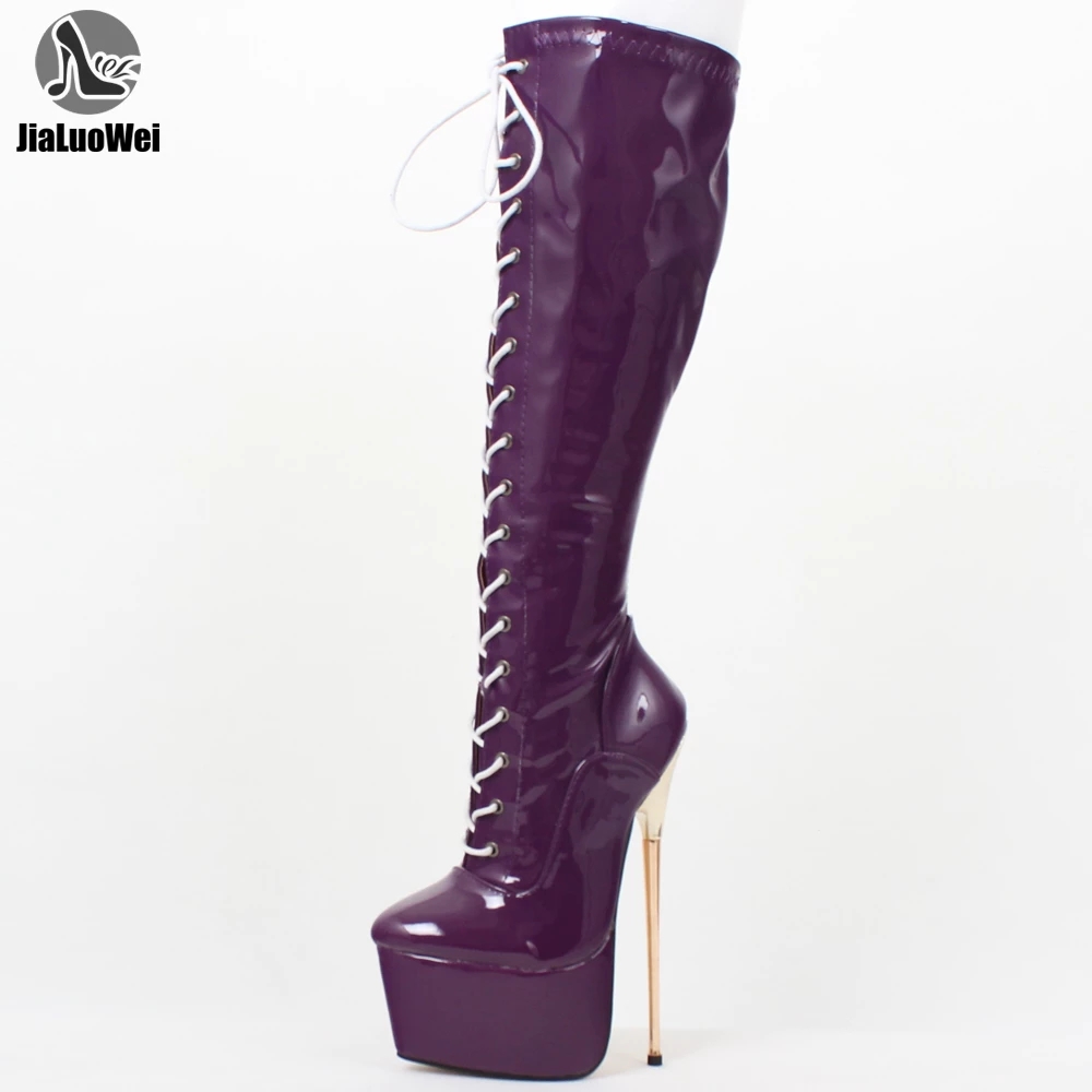 jialuowei 22CM Ultra High Heel Gold Metal Heels PU leather Lace-Up Knee High Platform Women Sexy Fetish Dance Motorcycle Boots