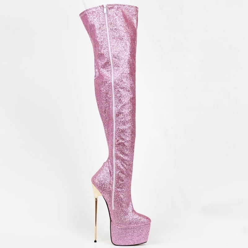 22cm 8 inch womens ladies pink glitter sexy thigh high fetish platform stiletto heel full zip boots size 36-46