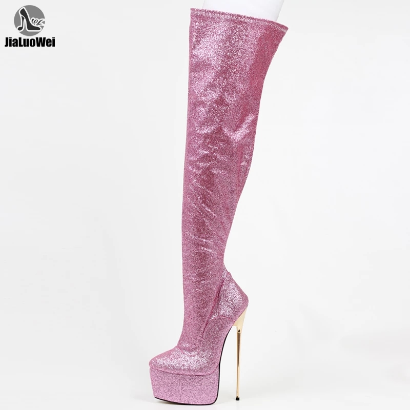 22cm 8 inch womens ladies pink glitter sexy thigh high fetish platform stiletto heel full zip boots size 36-46