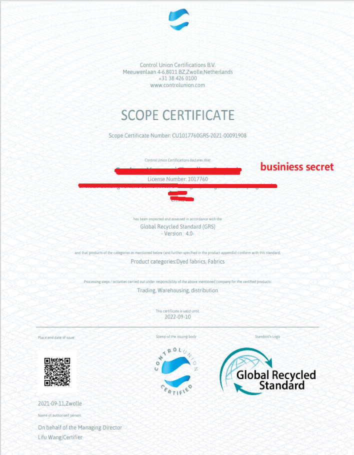 Sustainable Certificates Of Accessories And Fabric Sustainable Certificates Of Accessories And Fabric