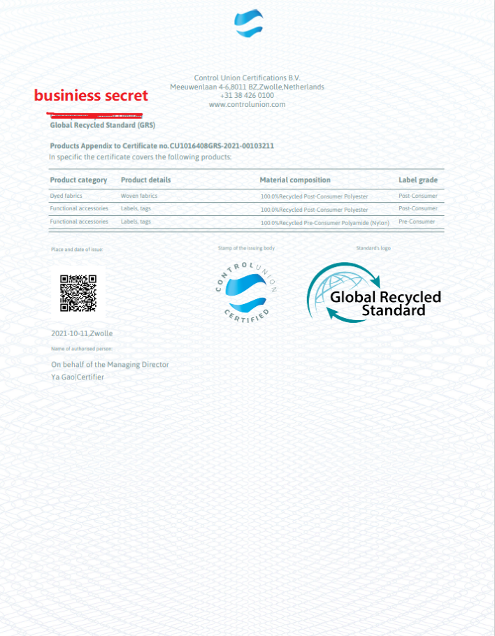Sustainable Certificates Of Accessories And Fabric Sustainable Certificates Of Accessories And Fabric