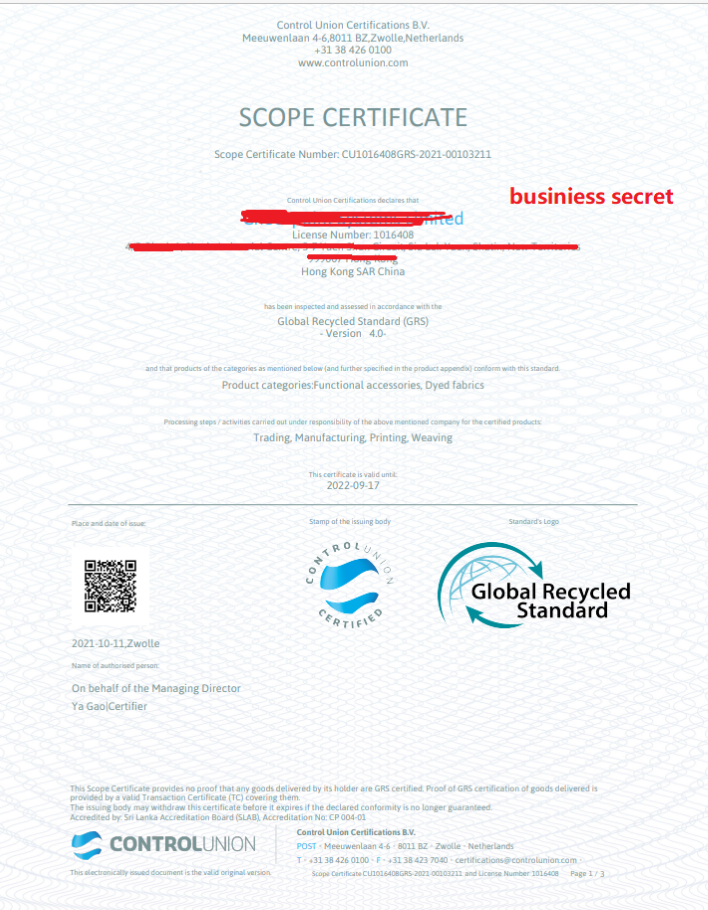 Sustainable Certificates Of Accessories And Fabric Sustainable Certificates Of Accessories And Fabric