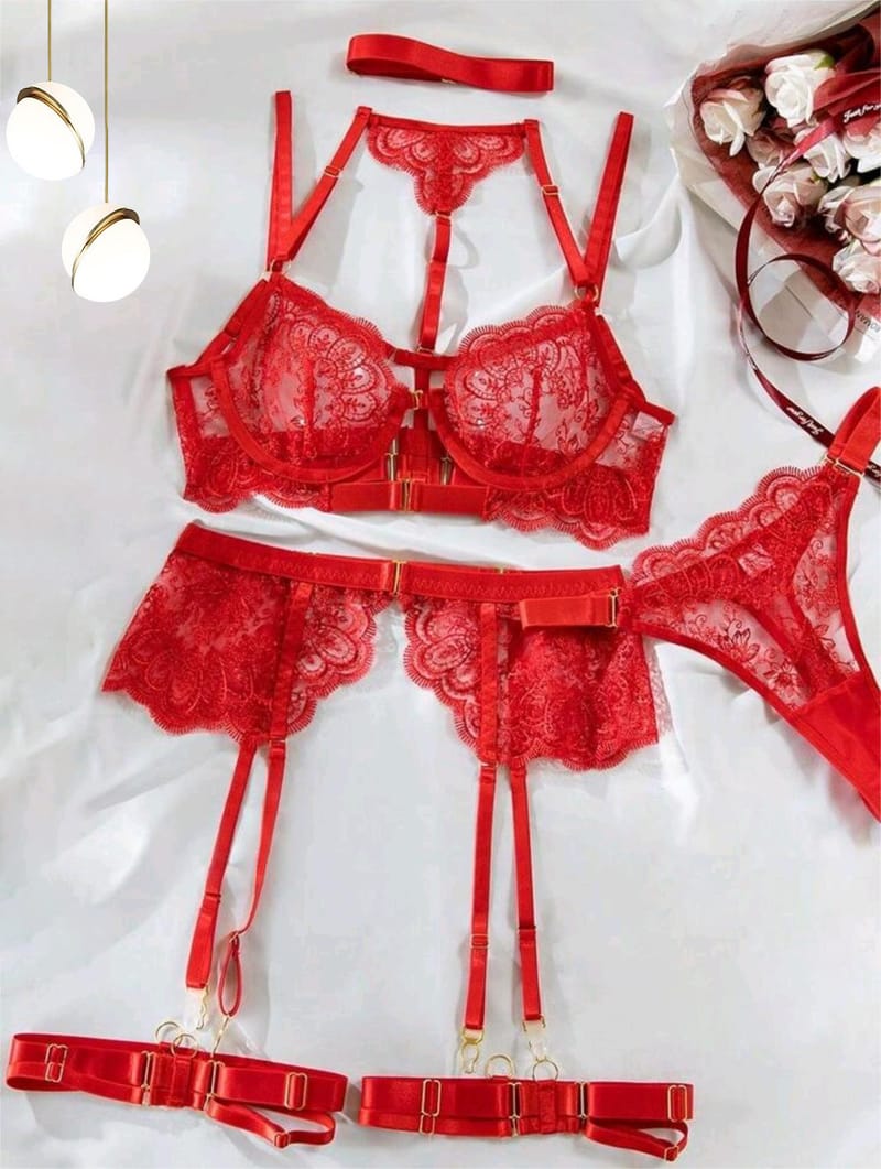 Amazon Cross-Border Popular Heavy Embroidery Sexy Lingerie Set Sexy Metal Front Buckle Hollow Five-Piece Set